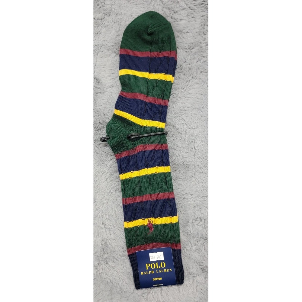 Polo Ralph Lauren Socks Mens 10-13 Green Rugby Stripe Pony Cable Knit Mid Calf